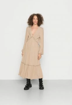 NA-KD BALLOON SLEEVE MIDI FRILL DRESS - Robe De Jour - Dark Beige