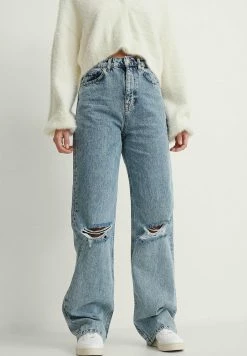 NA-KD MIT WEITEN BEINEN IM ACID WASH UND DESTROYED LOOK - Jean Flare - Mid Blue