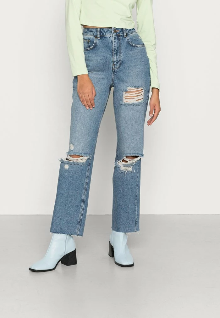 NA-KD DESTROYED DETAIL HIGH WAIST STRAIGHT - Jean Boyfriend - Mid Blue 1 NA-KD DESTROYED DETAIL HIGH WAIST STRAIGHT - Jean Boyfriend - Mid Blue