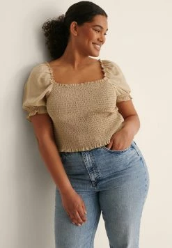 NA-KD SMOCKED - T-shirt Imprimé - Beige