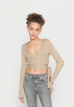 NA-KD WRAPPED CROP - T-shirt à Manches Longues - Taupe