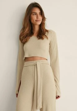 NA-KD MIT GESCHLITZTEN ÄRMELN - T-shirt à Manches Longues - Beige