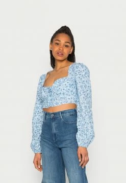 NA-KD GATHERED DETAIL LONG SLEEVE BLOUSE - Blouse - Blue Floral Bunches