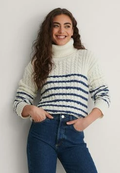 NA-KD CABLE KNITTED STRIPED SWEATER - Pullover - White/navy