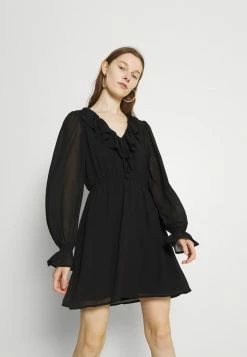NA-KD FRILL V NECK MINI DRESS - Robe De Jour - Black