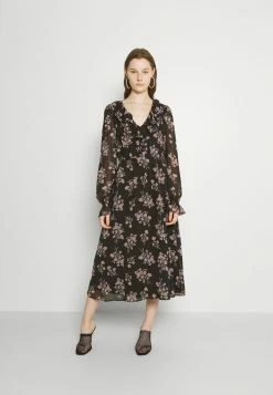 NA-KD FRILL V NECK MIDI DRESS - Robe De Jour - Black