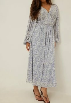 NA-KD STRUKTURIERTES MIT BALLONÄRMELN - Robe Longue - Blue Yellow Print