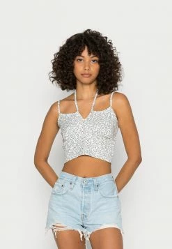 NA-KD DETAIL CROPPED SINGLET - Débardeur - Mini Leaves White