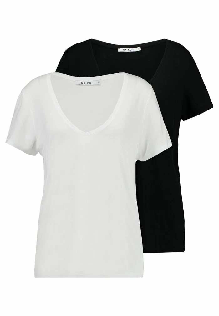 NA-KD 2 PACK V-NECK TEE - T-shirt Basique - Black/white 1 NA-KD 2 PACK V-NECK TEE - T-shirt Basique - Black/white